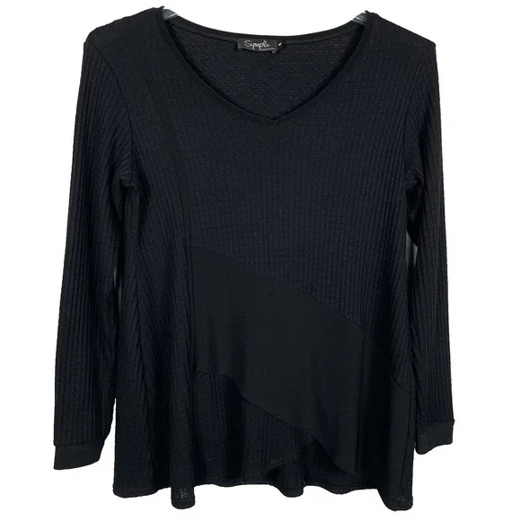 Sympli Waffle Knit Tunic Top Size 8 Black Asymmetrical Hem Lagenlook Minimalist - Picture 1 of 11